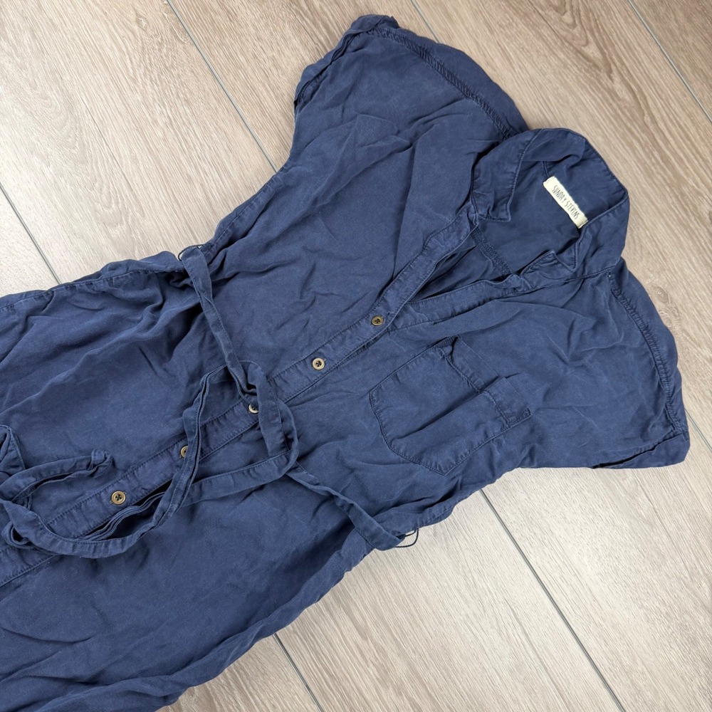 Sunday Stevens Womens Shirt Dress Lyocell Button Down Belted Navy Blue S
